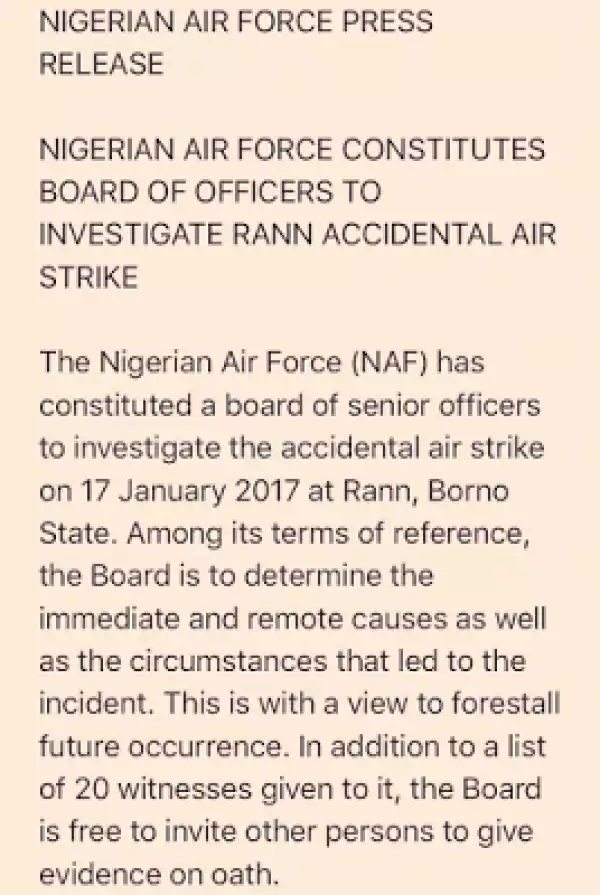 Nigeria Air Force constitutes panel to investigate Rann accidental air strike